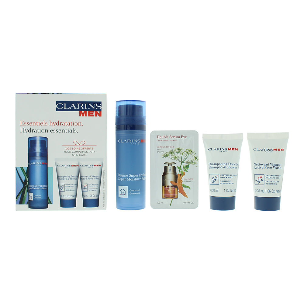 Clarins Hydration Essentials 4 Piece Gift Set: Balm 50ml - Shower Gel Shampoo 30ml - Face Wash 30ml - Double Eye Serum 0.9ml