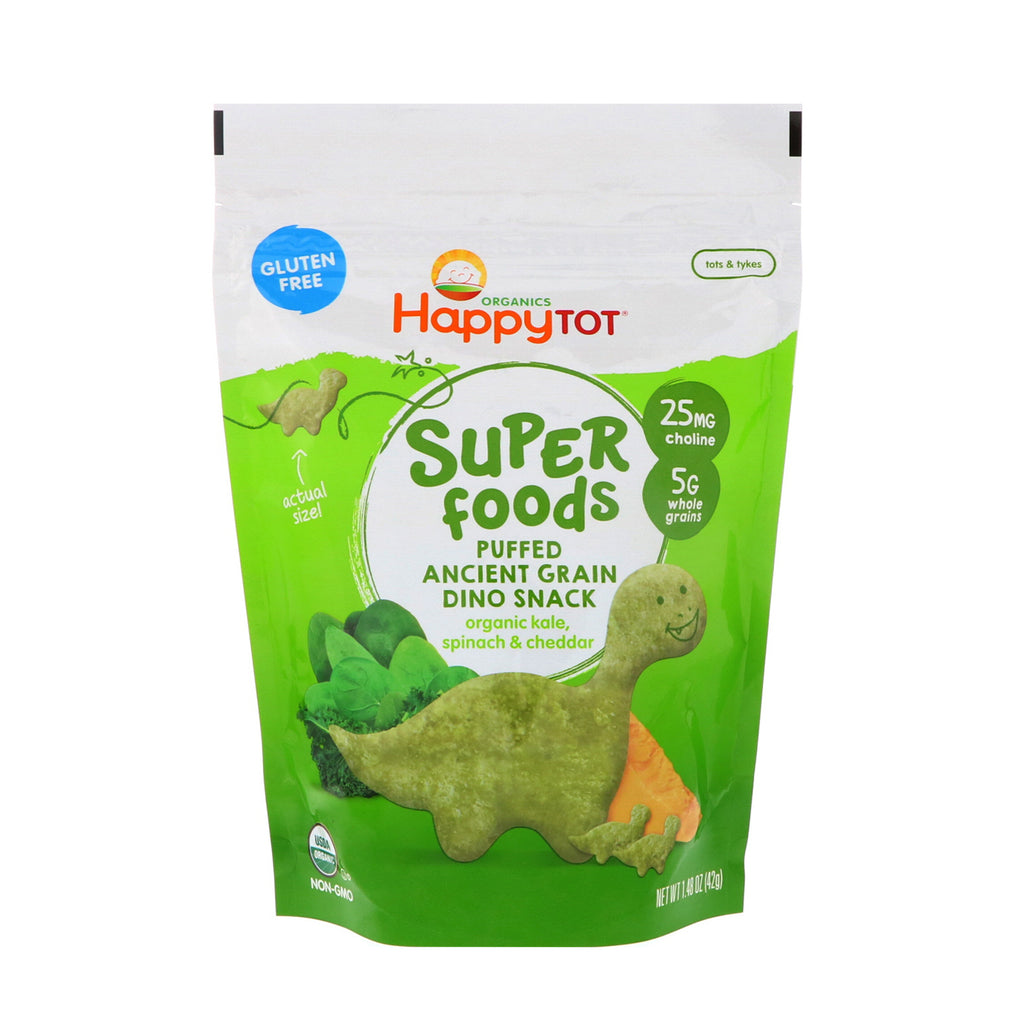 Nurture Inc. (Happy Baby) s Happy Tot Super Foods Puffed Ancient Grain Dino Snack Kale Spinach & Cheddar 1.48 oz (42 g)