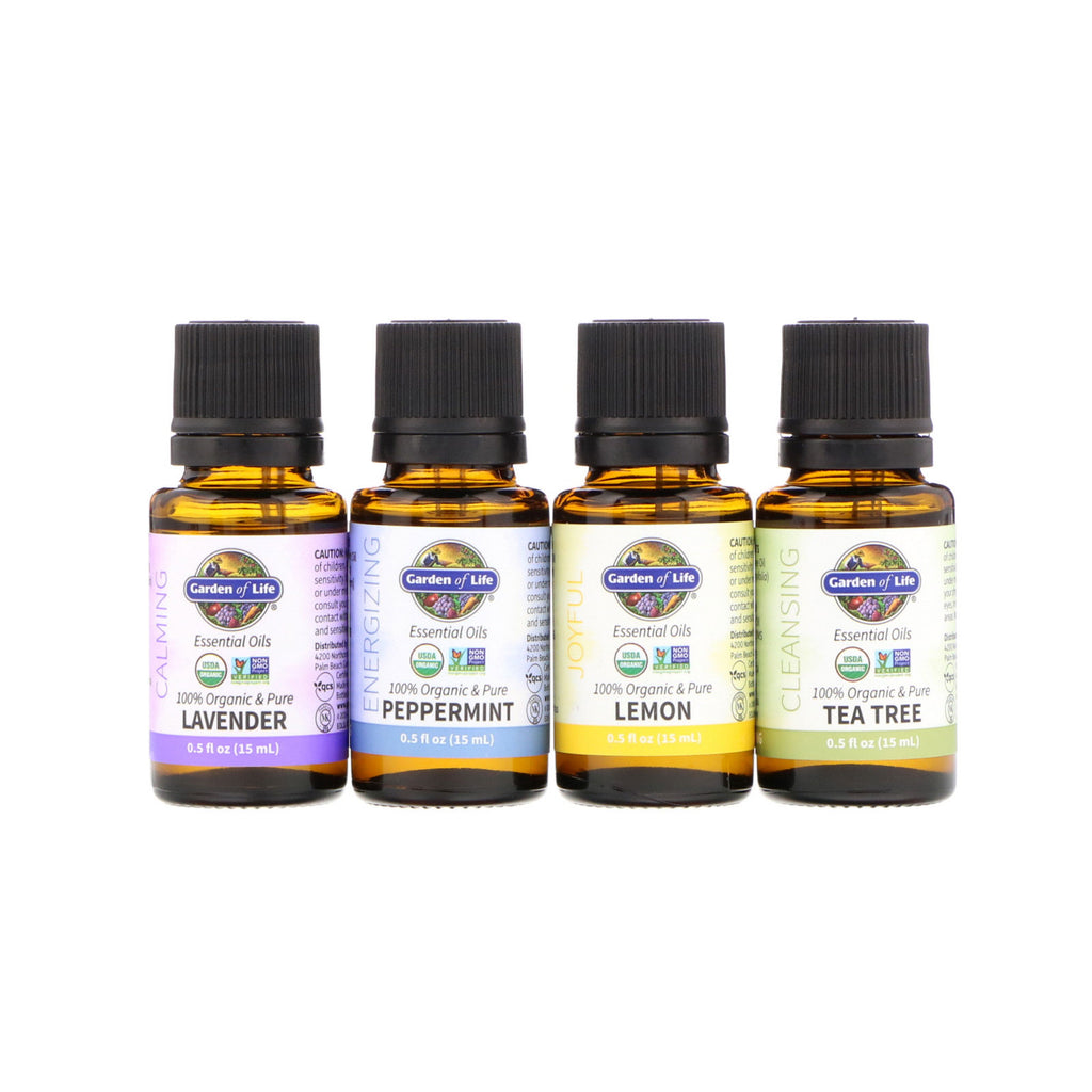 Garden of Life Essential Oil Starter Pack Lavender Peppermint Lemon Tea Tree 4 Bottles 0.5 fl oz (15 ml) Each