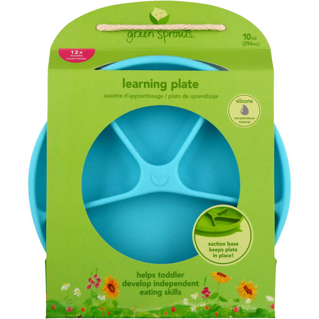 iPlay Inc., Green Sprouts, assiette d'apprentissage, Aqua, 12 mois et plus, 1 assiette, 10 oz (296 ml)