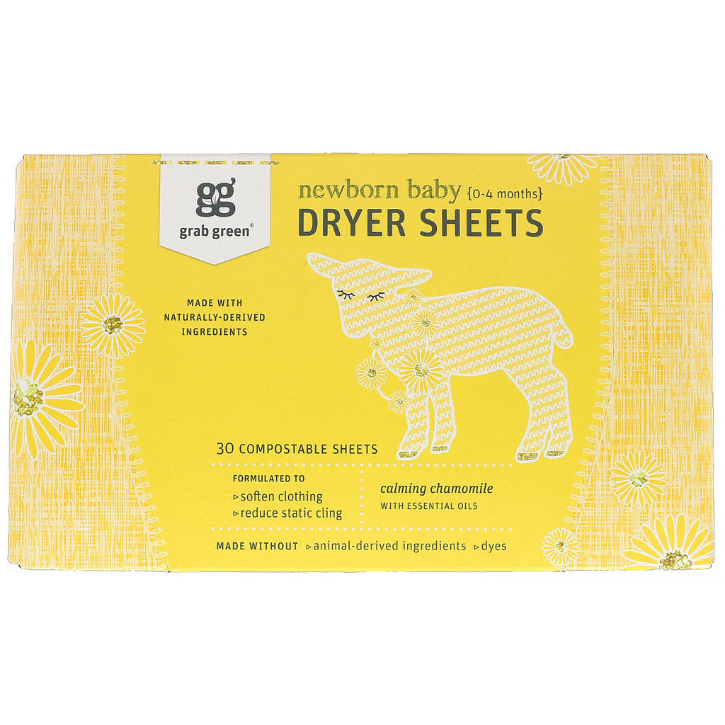 GrabGreen Dryer Sheets Newborn Baby Calming Chamomile with Essential Oils 0-4 Months 30 Compostable Sheets