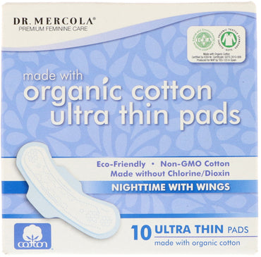 Dr. Mercola,  Cotton Ultra Thin Pads, Nighttime with Wings, 10 Pads