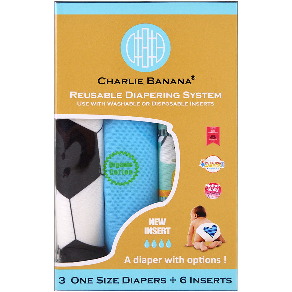 Charlie Banana, système de couches réutilisables, couches taille unique, garçon, 3 couches + 6 inserts