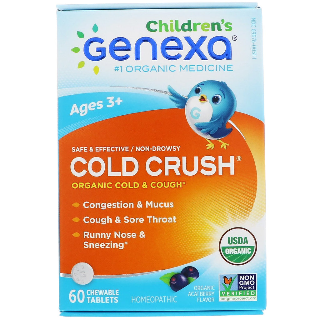Genexa, Cold Crush for Children, Age 3+, Cold & Cough, Acai Berry Flavor, 60 Chewable Tablets