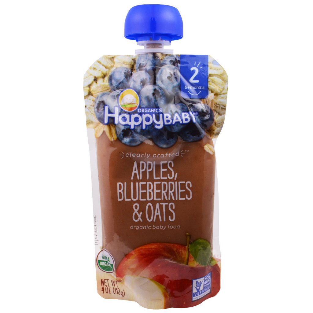 Nurture Inc. (Happy Baby) Baby Food Stage 2 Clearly Crafted 6+ Months Apples Blueberries & Oats 4.0 oz (113 g)