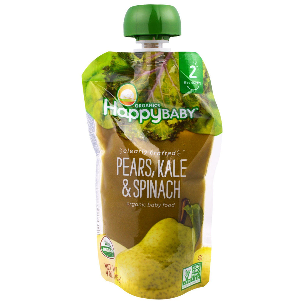 Nurture Inc. (Happy Baby) Baby Food Stage 2 Clearly Crafted 6+ Months Pears Kale & Spinach 4.0 oz (113 g)