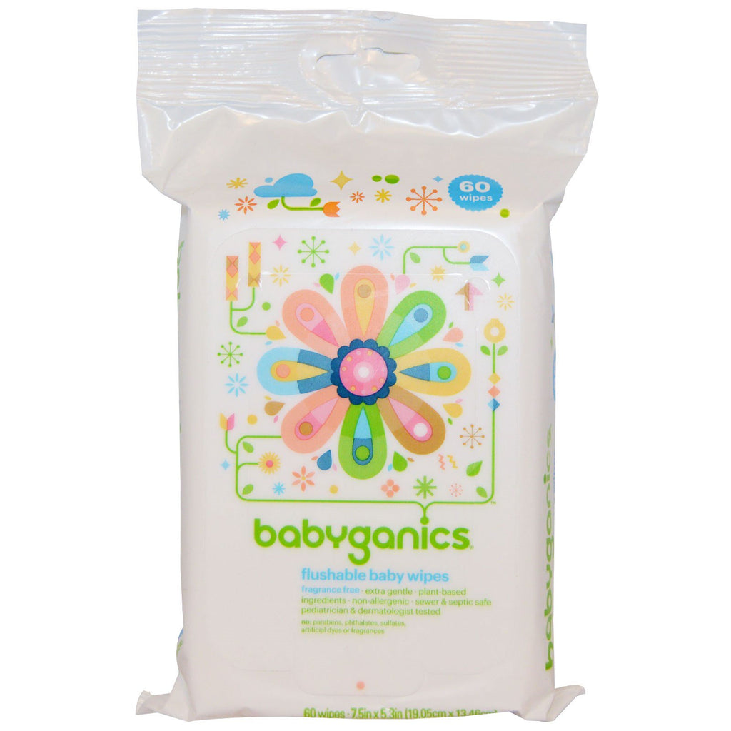 BabyGanics, Flushable Baby Wipes, Fragrance Free, 60 Wipes