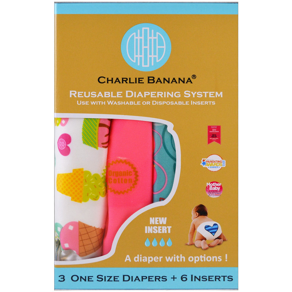 Charlie Banana, système de couches réutilisables, couches taille unique, fille, 3 couches + 6 inserts