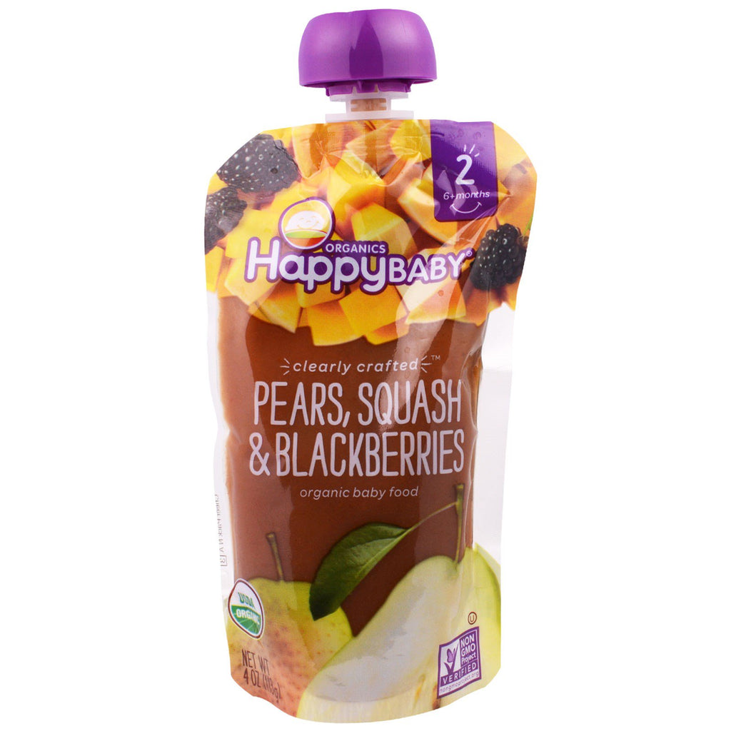 Nurture Inc. (Happy Baby) Baby Food Stage 2 Clearly Crafted Pears Squash & Blackberries 6+ Months 4.0 oz (113 g)