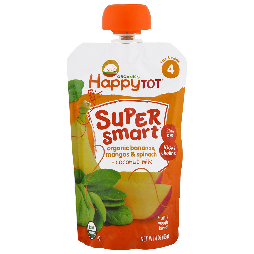 Nurture Inc. (Happy Baby) Happy Tot Stage 4 Super Smart Fruit and Veggie Blend Bananas Mangos & Spinach Coconut Milk 4 oz (113 g)