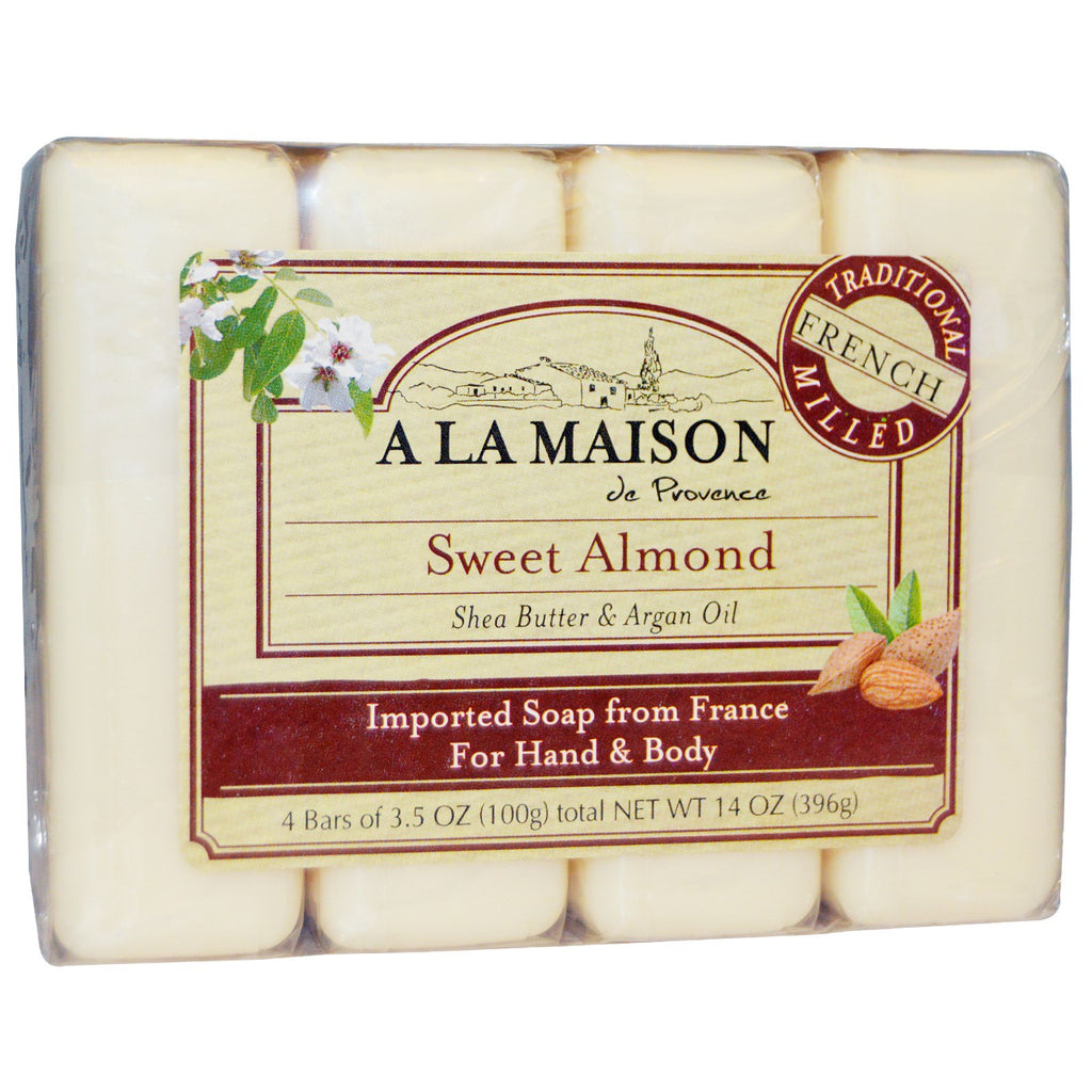 A La Maison de Provence, Hand & Body Bar Soap, Sweet Almond, 4 Bars, 3.5 oz Each