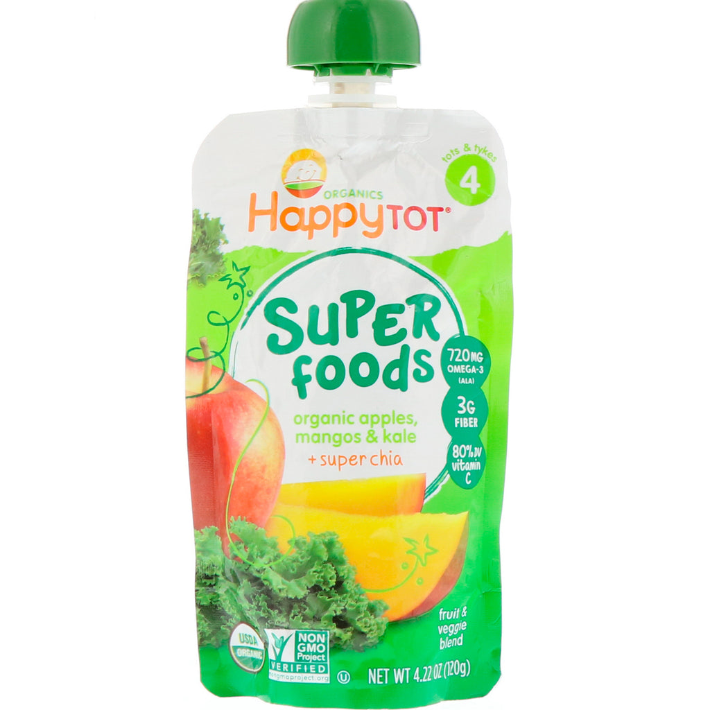 Nurture Inc. (Happy Baby) s Happy Tot Super Foods Apples Mangos & Kale + Super Chia 4.22 oz (120 g)