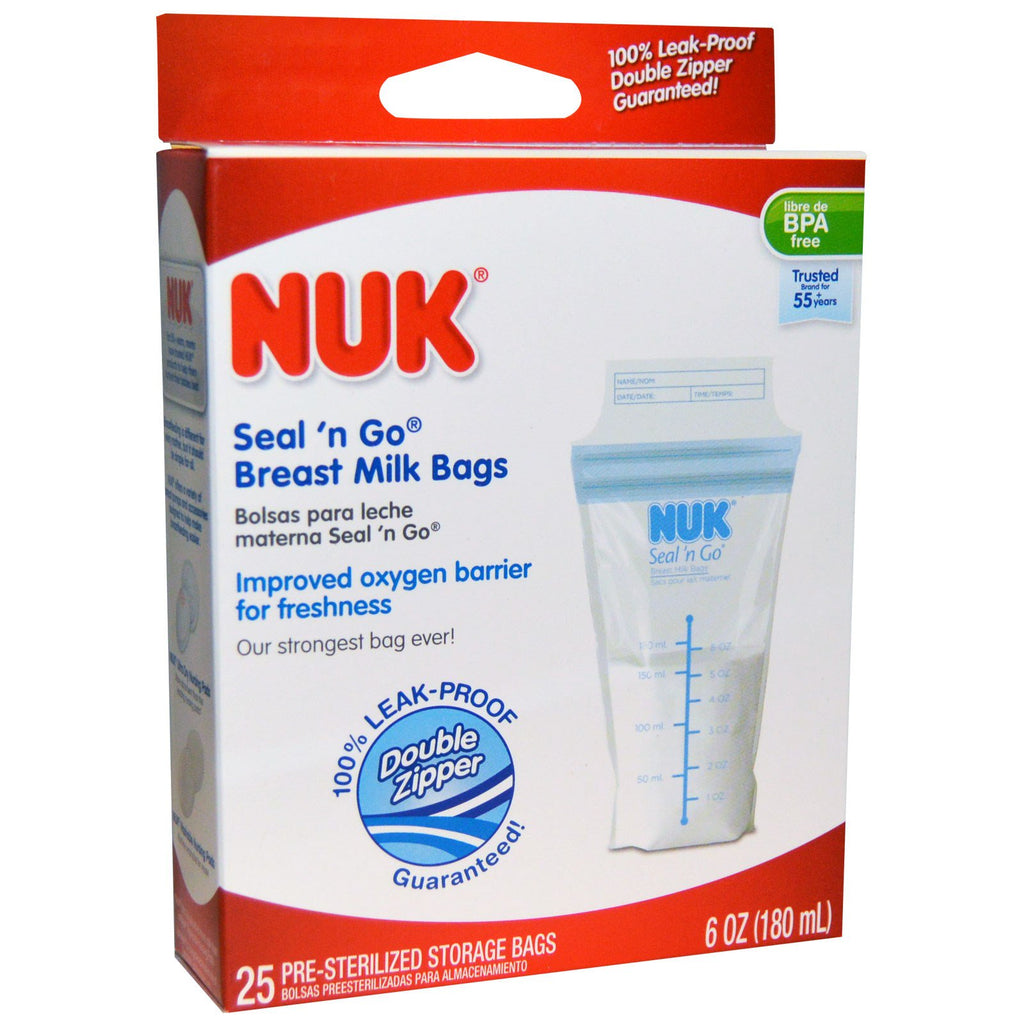 NUK, sacchetti per latte materno Seal 'n Go, 25 sacchetti per la  conservazione, 6 oz (180