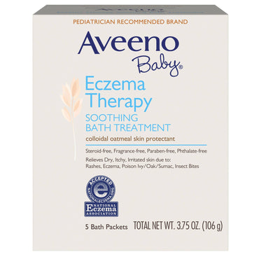 Aveeno, Baby, Eczema Therapy, Soothing Bath Treatment, Fragrance Free, 5 Bath Packets, 3.75 oz (106 g)