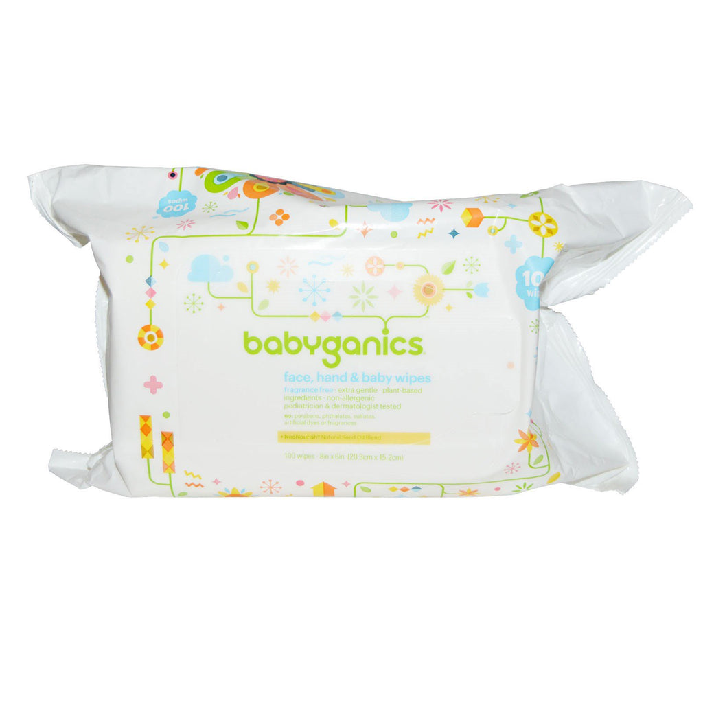 BabyGanics, Face, Hand & Baby Wipes, Fragrance Free, 100 Wipes