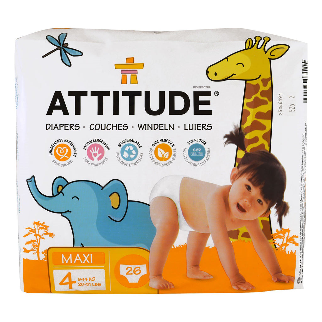 ATTITUDE, Diapers, Maxi, Size 4, 20-31 lbs (9-14 kg), 26 Diapers