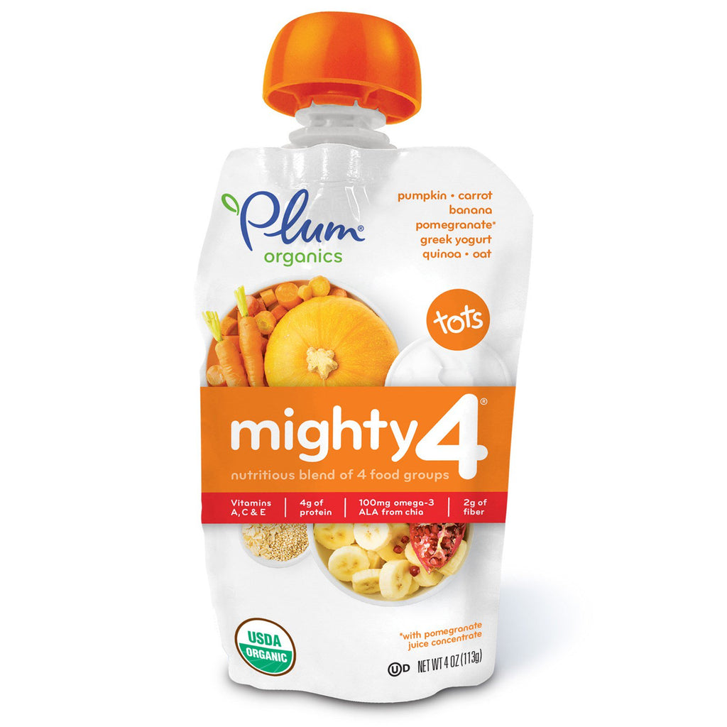Plum s Tots Mighty 4 Mezcla nutritiva de 4 grupos de alimentos Calabaza Zanahoria Plátano Granada Yogur griego Quinua y avena 4 oz (113 g)
