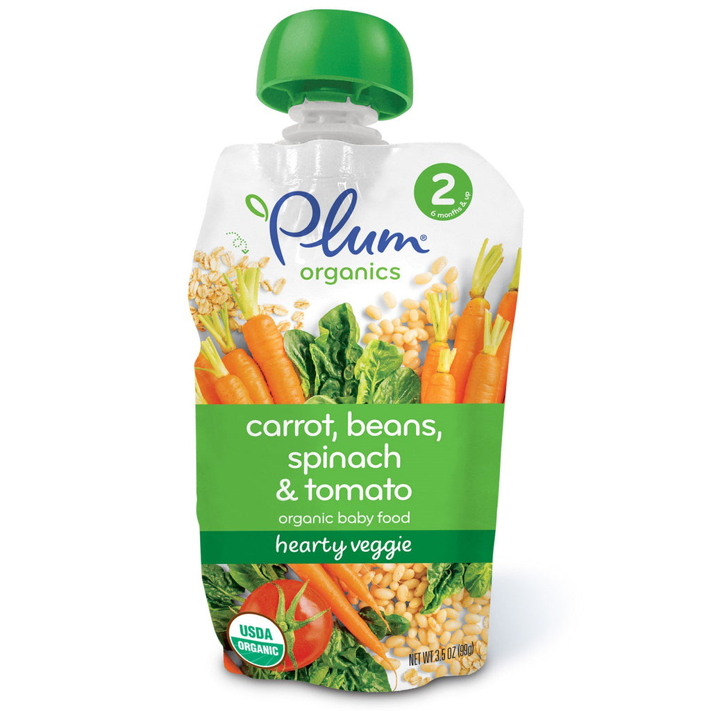 Plum s Baby Food Stage 2 Copieux Végétarien Haricots Carottes Épinards et Tomates 3,5 oz (99 g)