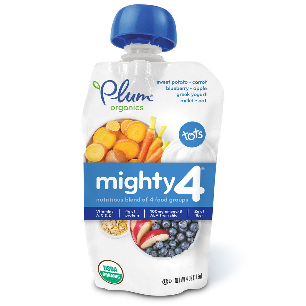 Plum s Tots Mighty 4 Mezcla nutritiva de 4 grupos de alimentos CamoteZanahoria Arándano Manzana Yogur griego Mijo y avena 4 oz (113 g)