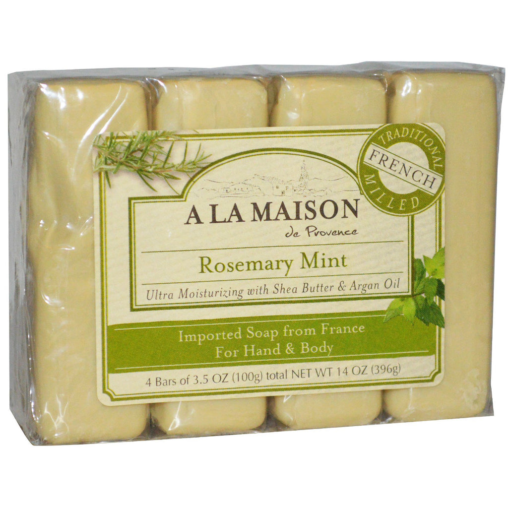 A La Maison de Provence, Hand & Body Bar Soap, Rosemary Mint, 4 Bars, 3.5 oz (100 g) Each