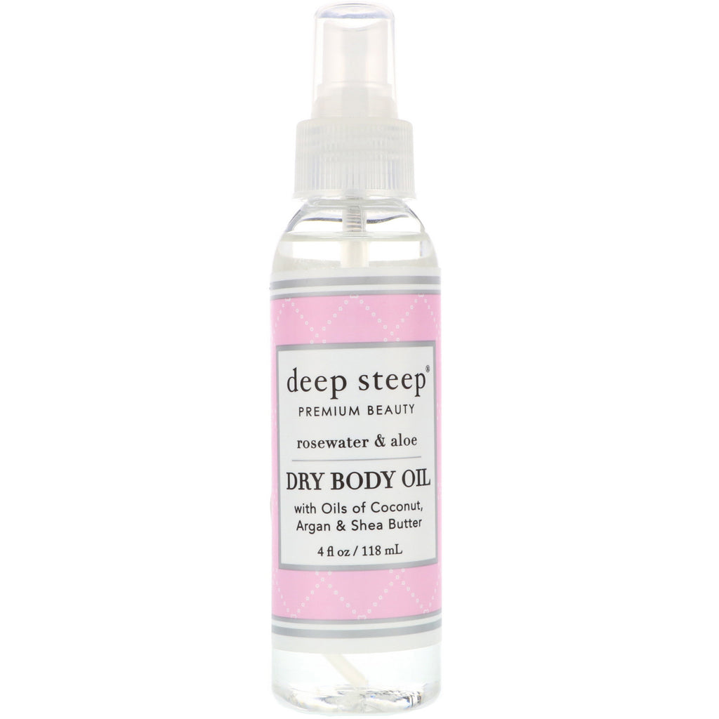 Deep Steep, huile sèche pour le corps, eau de rose et aloès, 4 fl oz (118 ml)