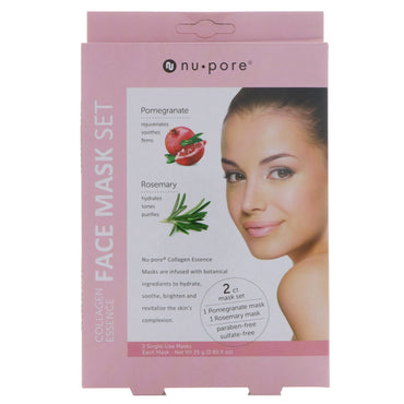 Nu-Pore, Collagen Essence Face Mask Set, Pomegranate & Rosemary, 2 Single-Use Masks, 0.85 fl oz (25 g) Each