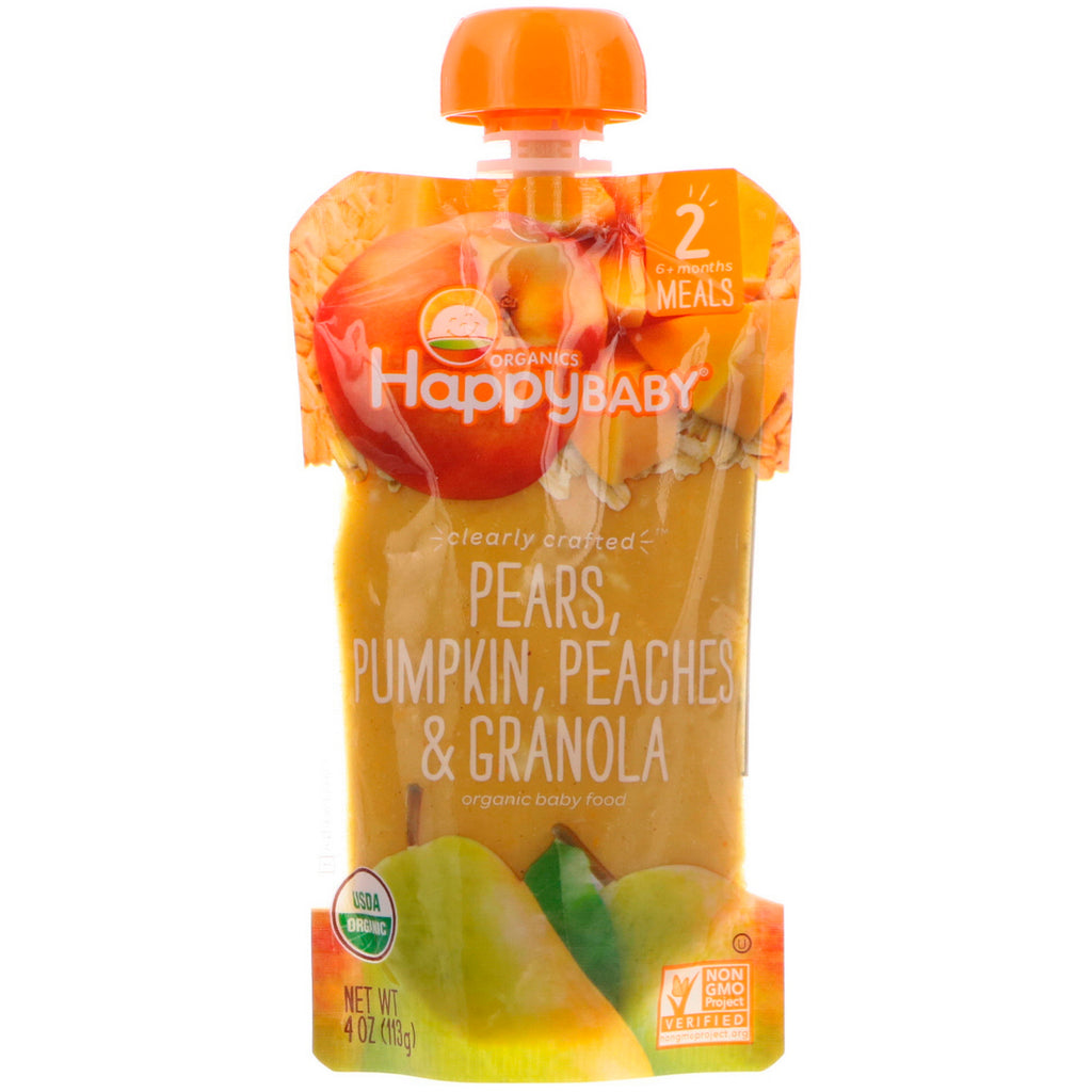 Nurture Inc. (Happy Baby) Baby Food Stage 2 Clearly Crafted Pears Pumpkin Peaches & Granola 6+ Months 4 oz (113 g)