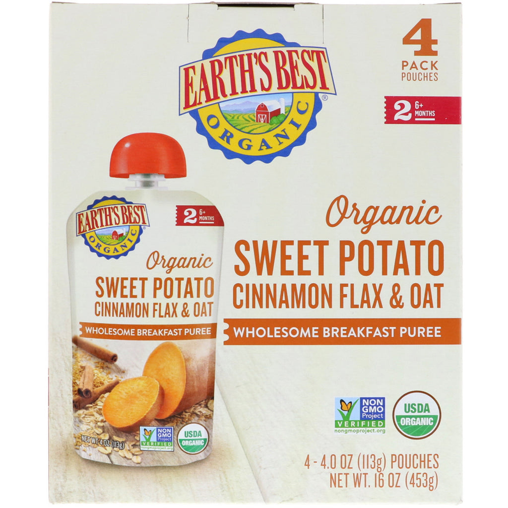 Earth's Best Purée de petit-déjeuner saine à la patate douce, à la cannelle, au lin et à l'avoine 6 mois et plus 4 sachets de 4,0 oz (113 g) chacun
