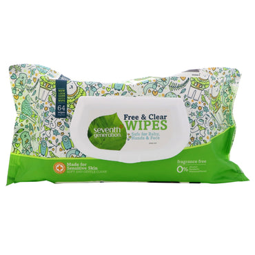Seventh Generation, Free & Clear Wipes, Unscented, 64 Wipes
