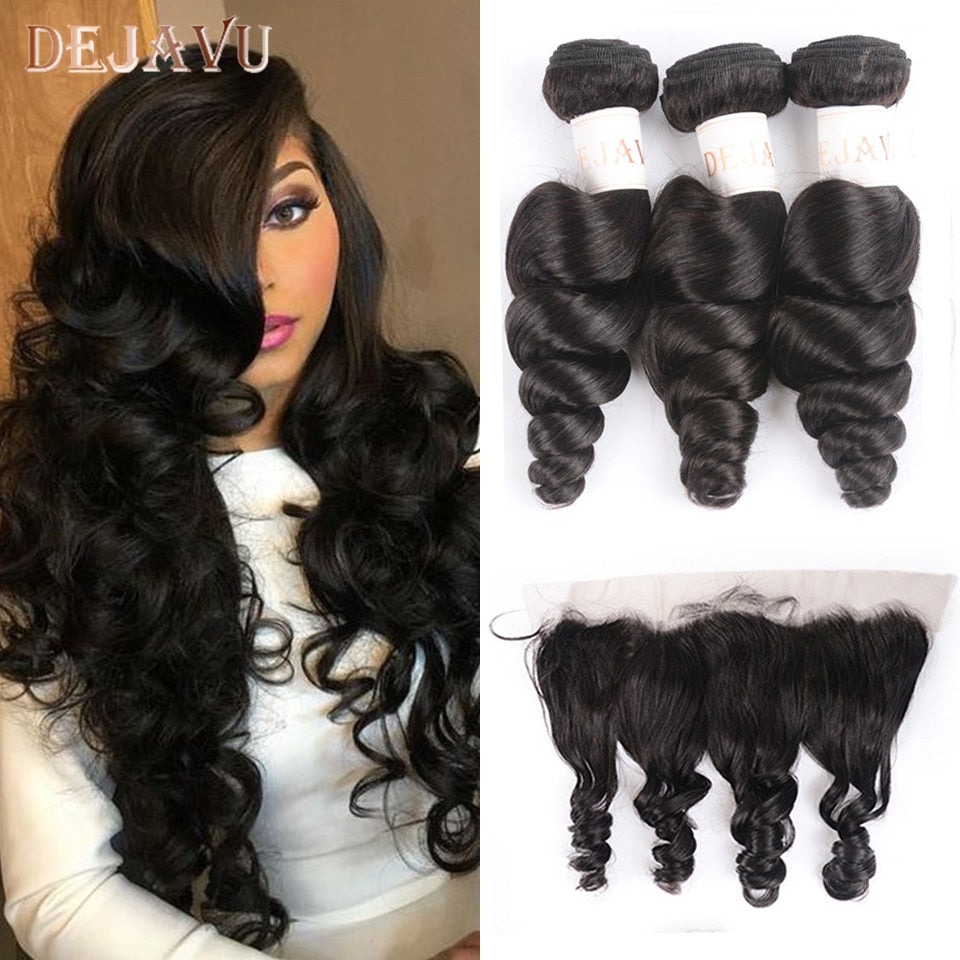 Dejavu Brazilian Hair Weave Bundles With Frontal Closure 13*4 Inch Human Hair 3 Bundle Deals Loose Wave Non-Remy hair
