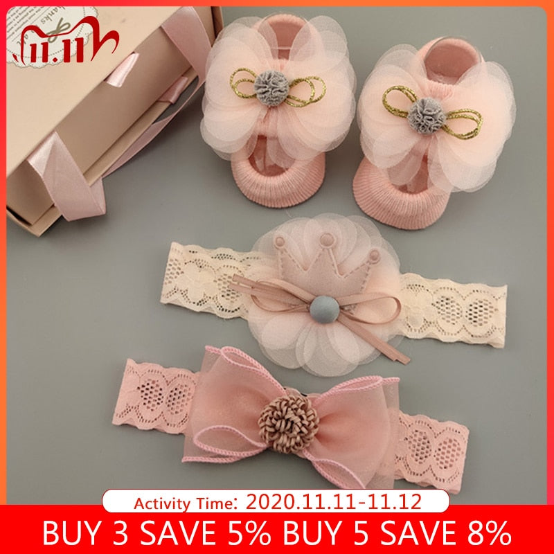 2 piezas de encaje bebé niña diadema conjunto de calcetines de flor arcos  corona recién nacido diademas bebé accesorios para el cabello