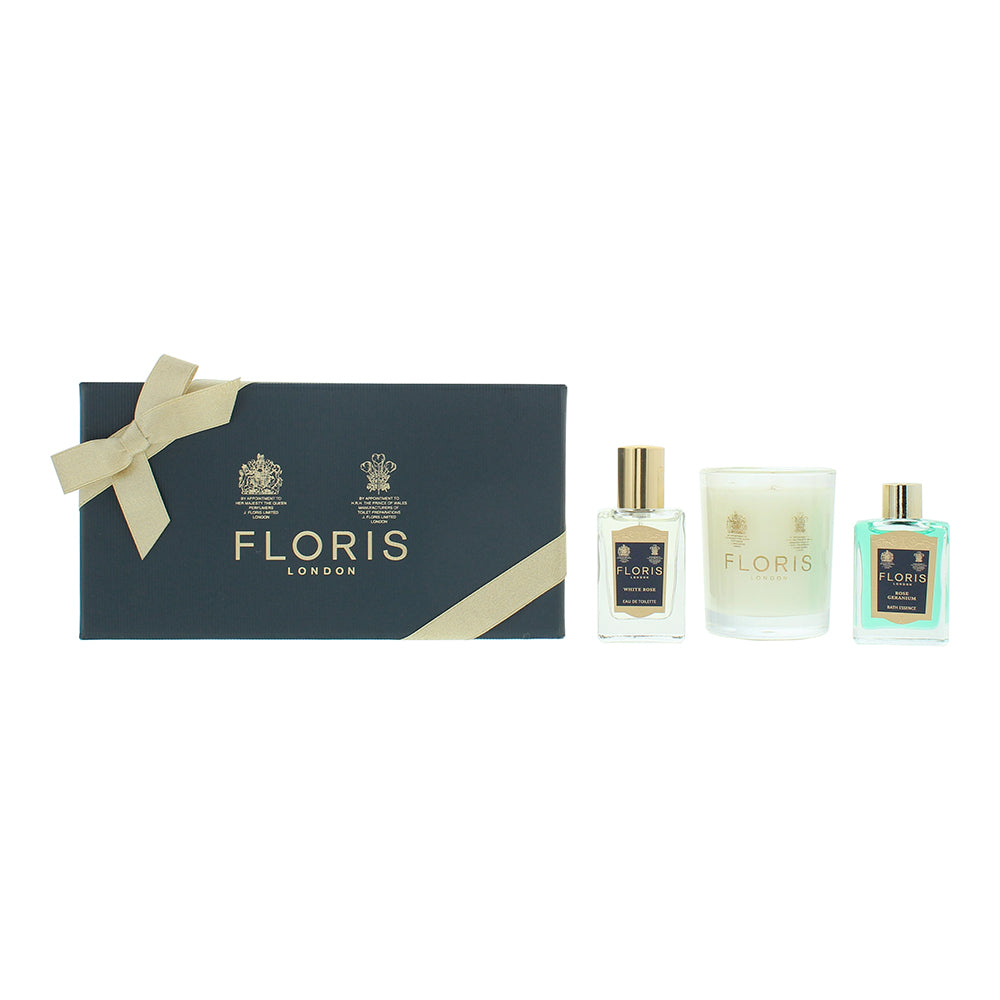 Floris 3 Piece Gift Set: White Rose Eau de Toilette 14ml - Rose Geranium Bath Es