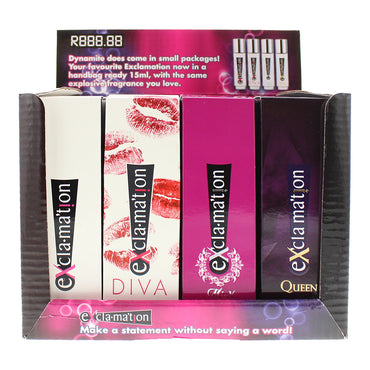 Ex'cla·Ma'tion 12 Piece Display: 3x Cologne 15ml - 3x Diva Eau de Parfum 15ml - 3x Minx Eau de Parfum 15ml - 3x Queen Eau de Parfum 15ml