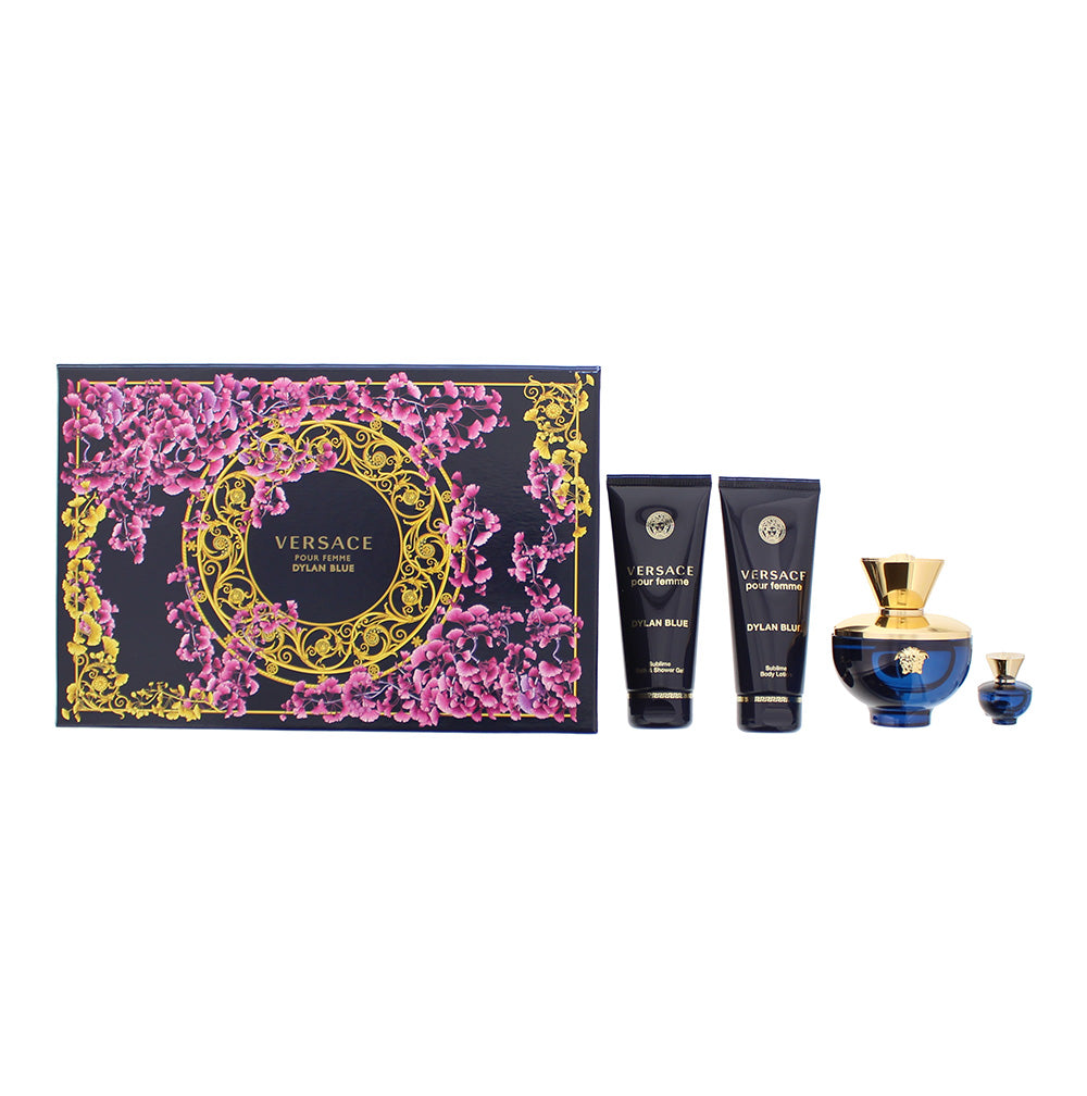 Versace Dylan Blue Pour Femme 4 Piece Gift Set: Eau De Parfum 100ml - Shower Gel 100ml - Body Lotion 100ml - Eau De Parfum 5ml