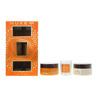 مجموعة هدايا nuxe honey lover مكونة من 3 قطع: بلسم زيت الجسم 200 مل - مقشر مغذي للجسم 175 مل - شمعة 70 جم