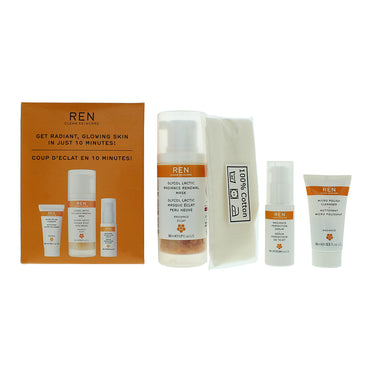 Ren Radiance 4 Piece Gift Set: Glycol Lactic Mask 50ml - Micro Polish Cleanser 30ml -Radiance Serum 15ml - Resurfacing AHA 2ml