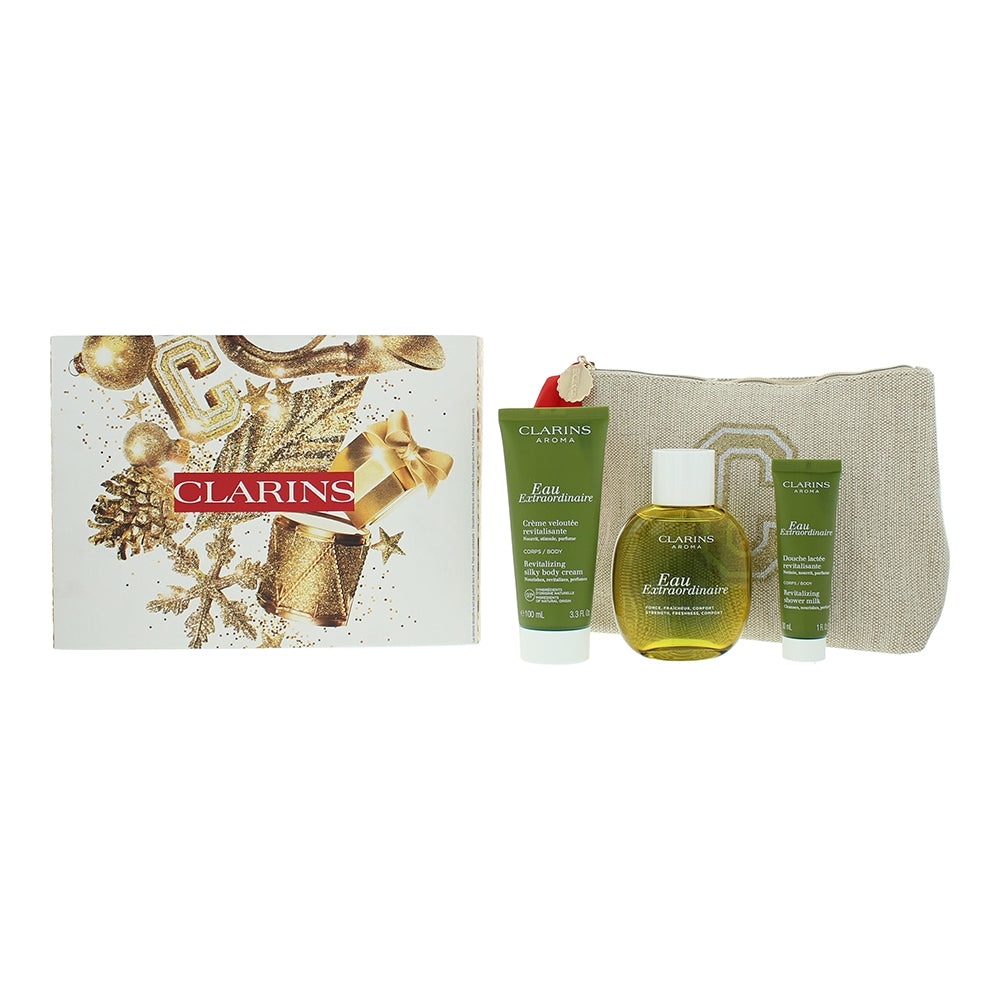 Clarins Eau Extraordinaire 4 Piece Gift Set: Eau De Soins 200ml - Body Cream 100ml - Shower Milk 30ml - Cosmetic Bag