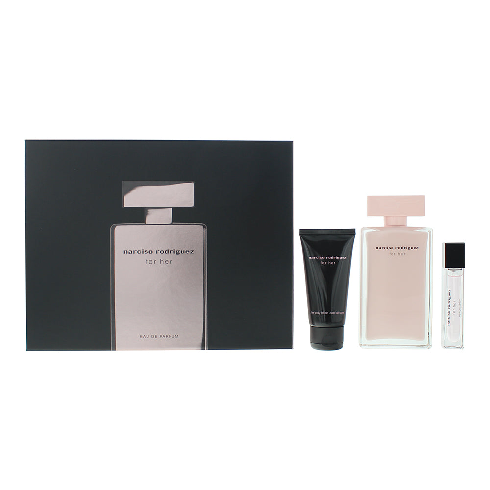 Narciso Rodriguez For Her 3 Piece Gift Set: Eau De Parfum 100ml - Body Lotion 50ml - Eau De Parfum 10ml