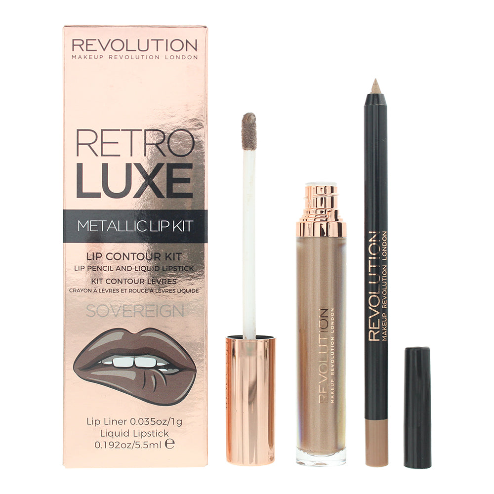 Revolution Retro Luxe Metallic Lip Kit Sovereign Lip Liner 1g  Liquid Lipstick 5.5ml