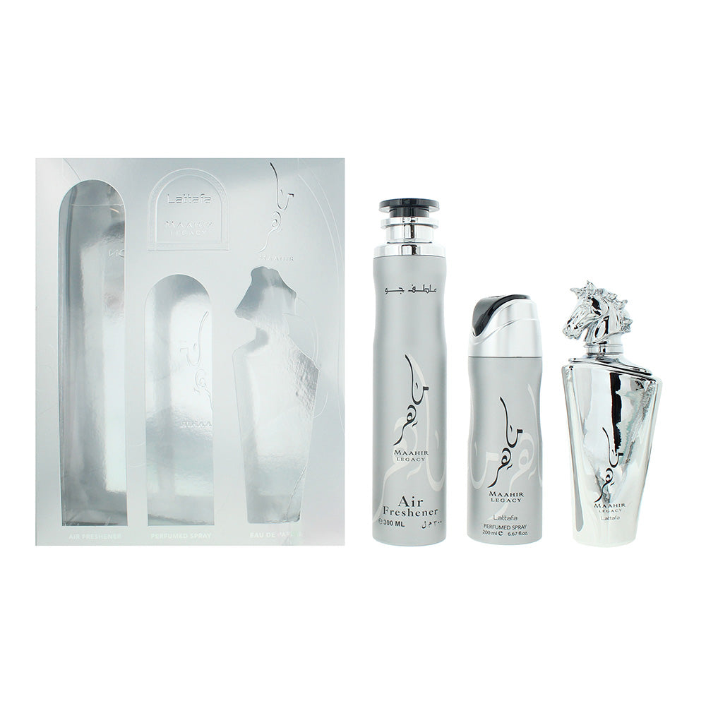 Lattafa Maahir Legacy 3 Piece Gift Set: Eau de Parfum 100ml - Deodorant Spray 200ml - Air Freshener 300ml