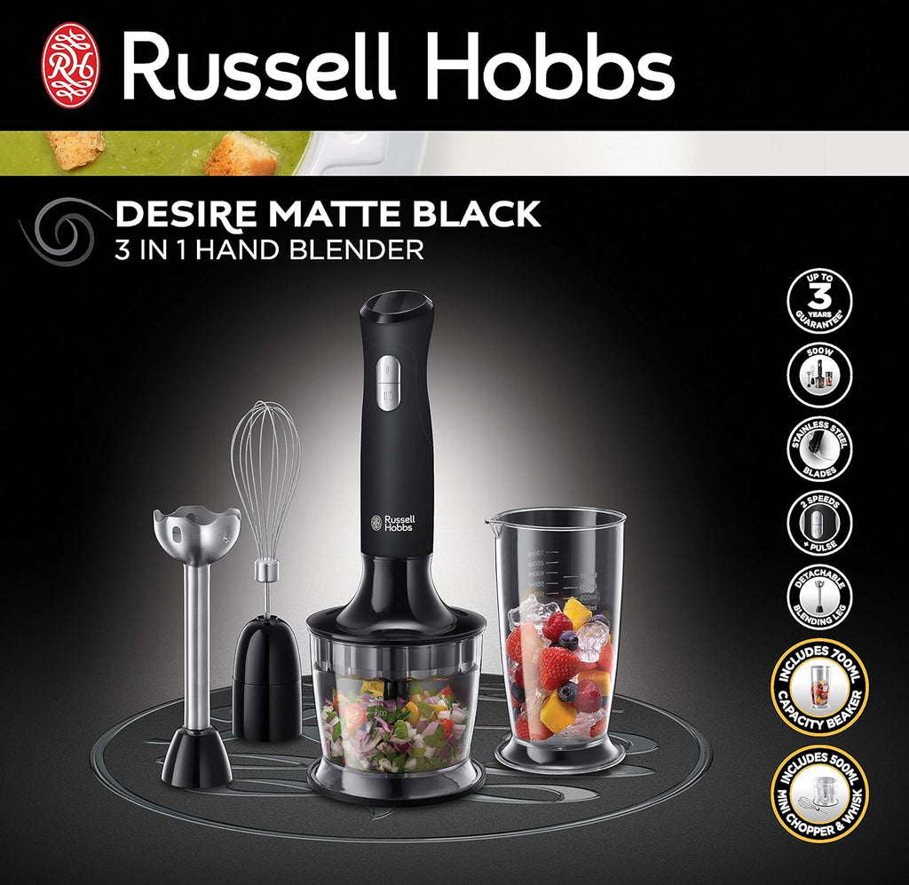 Blender ręczny Russella Hobbsa | Pragnienie matowej czerni | 3 w 1 | 450 W