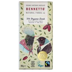 Bennetto Organic Chocolate Bar 70% Dark 80g