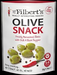 Mr Filberts Mr Filberts Green Chilli and Black Pepper Olives 50g