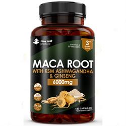 New Leaf Products Maca Root + KSM-66 Ashwagandha and Ginseng 6000mg 180 Capsules