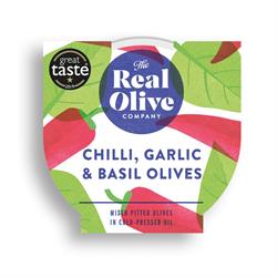 The Real Olive Company Chilli Garlic and Basil Pitted Olives 160g