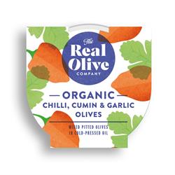 The Real Olive Company Organic Chilli Cumin & Garlic Mixed Pitted Olives 150g