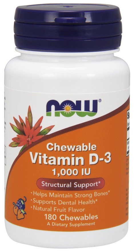 NOW Foods, vitamin D-3, 1000 IE (tyggeligt) - 180 tyggevarer