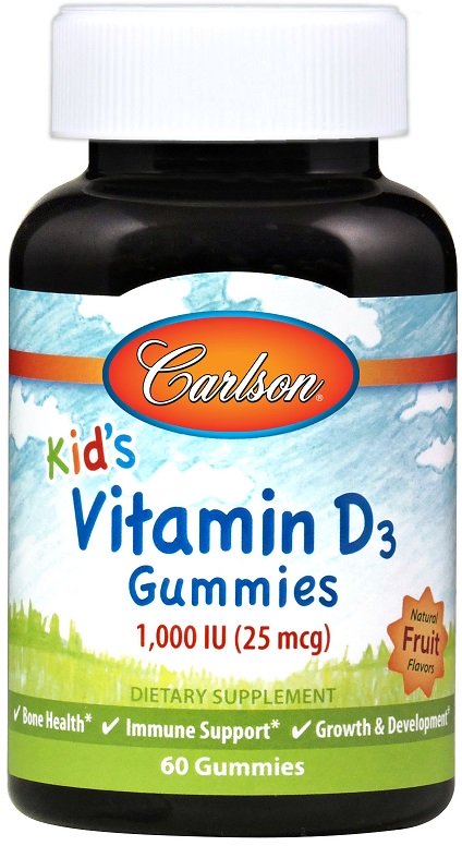 Carlson Labs, Kid's Vitamin D3 Gummies, 1000 IU Natural Fruit - 60 gummies