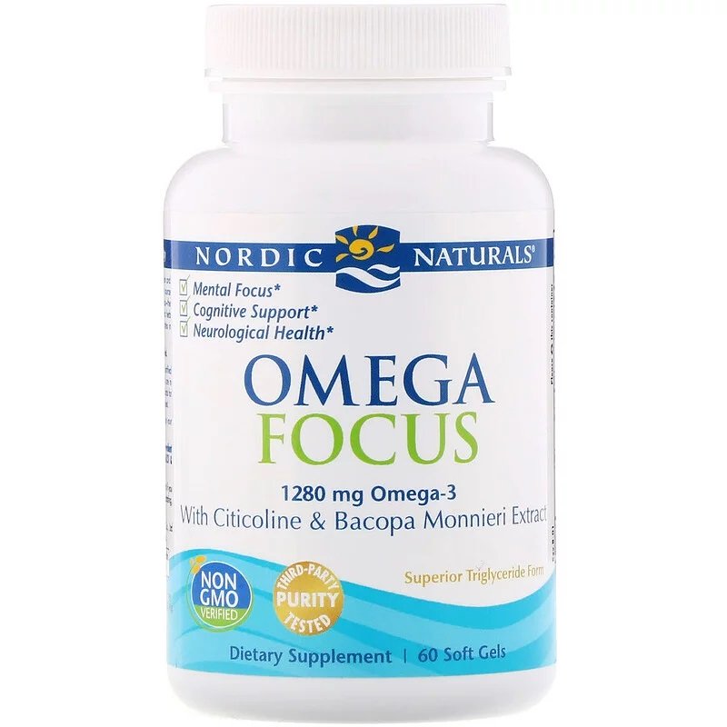 Nordic Naturals, Omega Focus cu extract de Citicolină și Bacopa Monnieri, 1280 mg - 60 de capsule moi