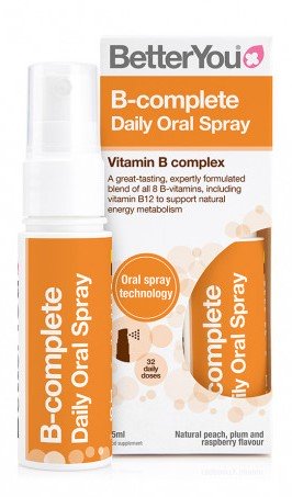 BetterYou, B-complete Daily Oral Spray, natürlicher Pfirsich, Pflaume und Himbeere – 25 ml.